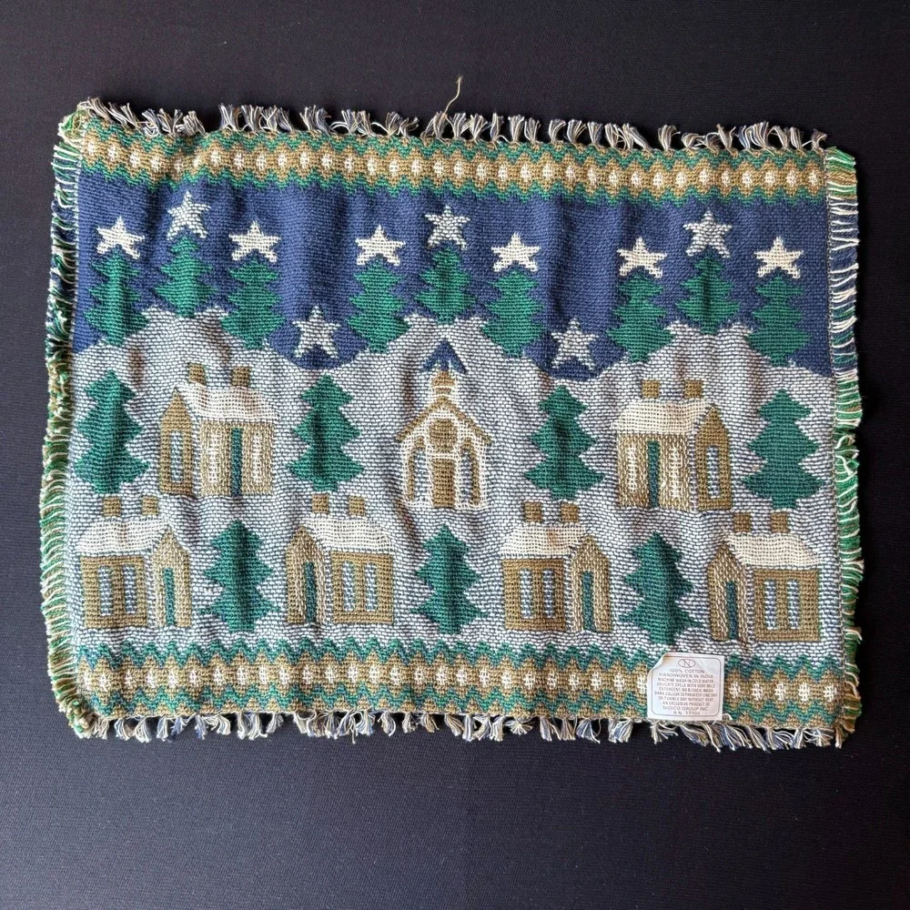 Vtg Set 4 Christmas Cabin Village Placemats Handwoven Cotton Rustic Lodge Decor‎